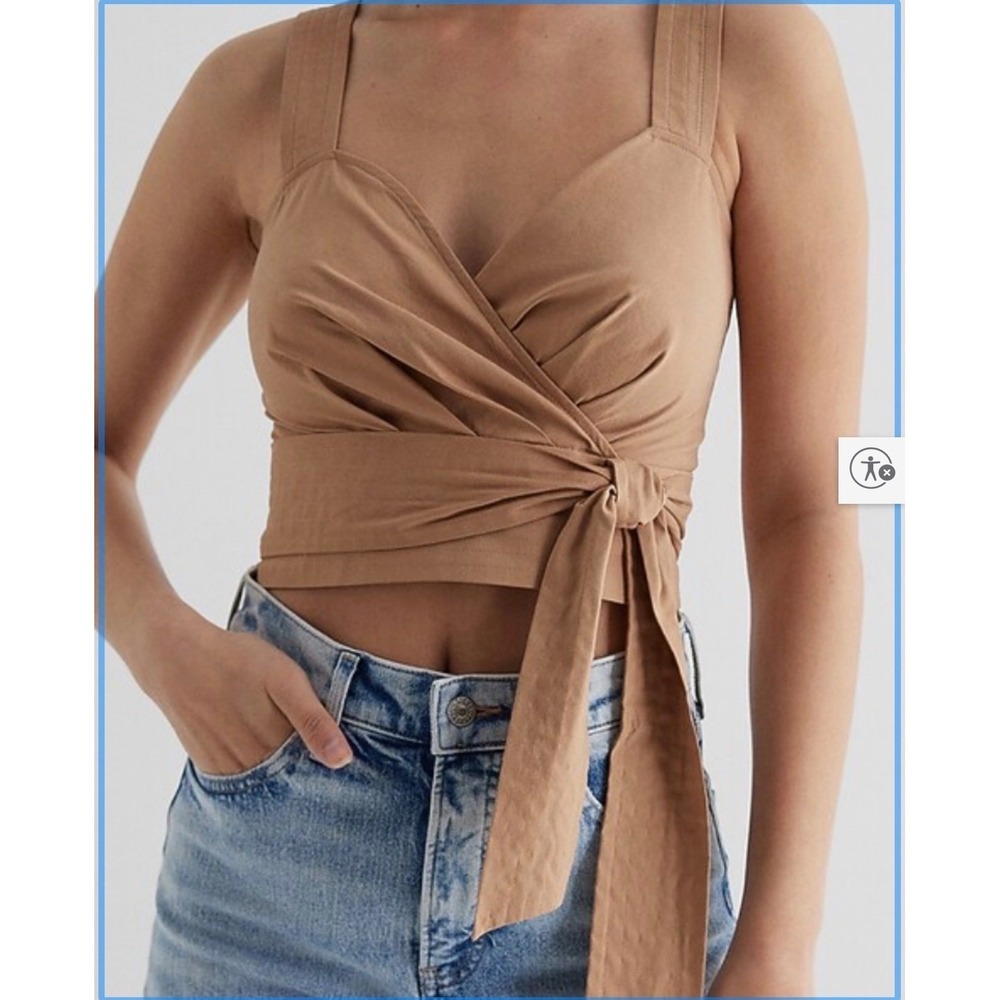 Express Wrap Tie Waist Crop Top Womens Medium Tan Excellent Smocked Back V-Neck